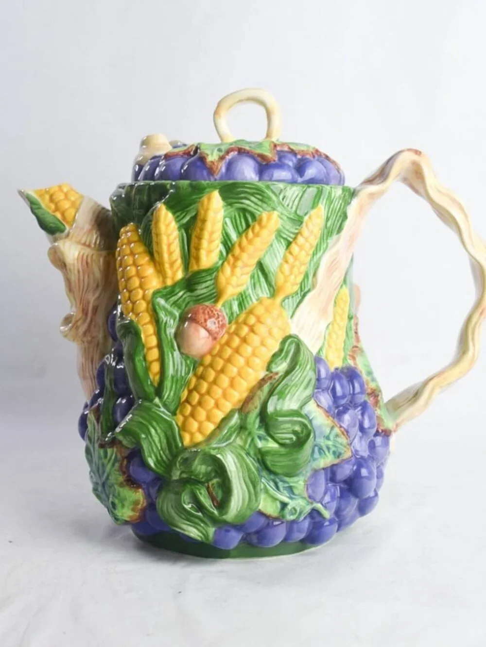 Flowers Inc Balloons Fall Harvest Ceramic Teapot Majolica Corn Grapes Pumpkin